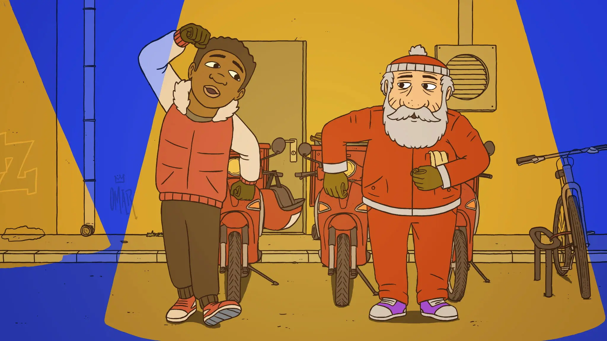 Marcel, Father Christmas (and the little pizza delivery boy) backdrop
